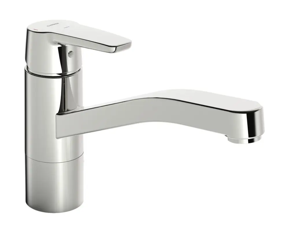 Küchenarmatur mit einem modernen Design, einem Hebel für die Wassersteuerung und einem langen Auslauf. Die Armatur ist in Chromoptik gehalten und stammt von der Marke HANSA.